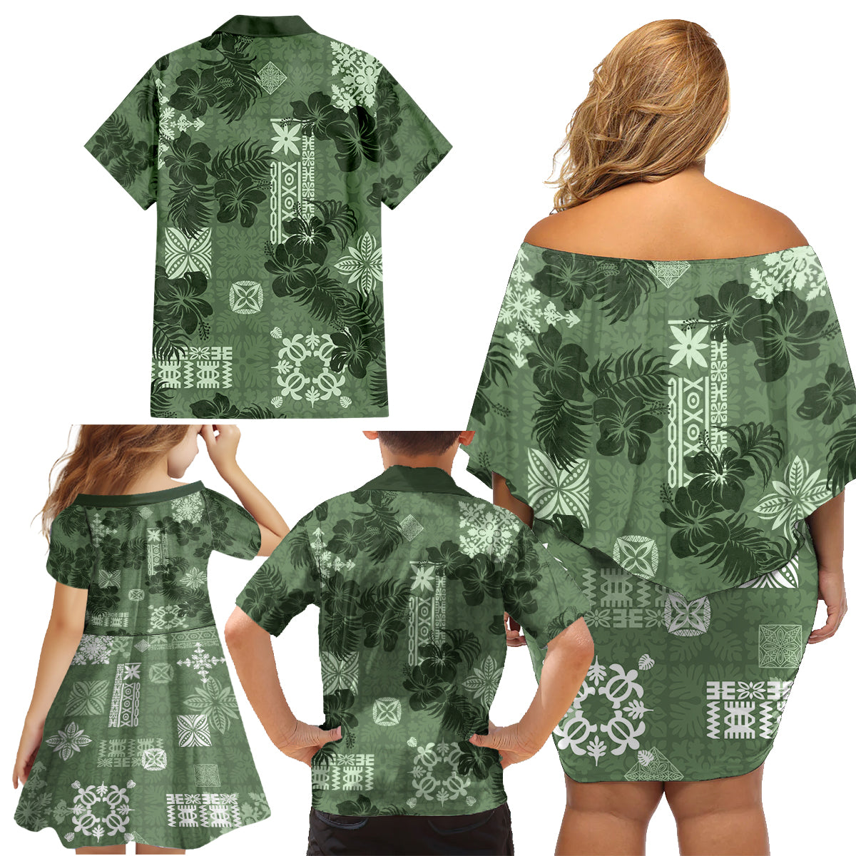 Hawaii Tapa Family Matching Off Shoulder Short Dress and Hawaiian Shirt Hibiscus Mix Hawaiian Quilt Patches - Sage Green LT7 - Wonder Print Shop