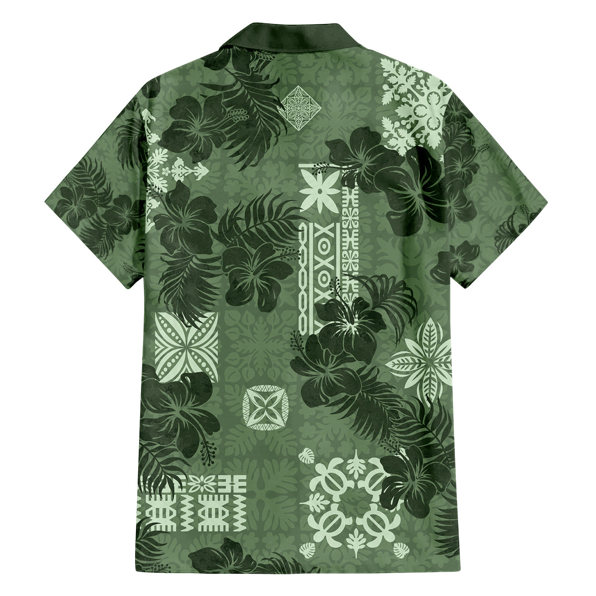 Hawaii Tapa Family Matching Off Shoulder Short Dress and Hawaiian Shirt Hibiscus Mix Hawaiian Quilt Patches - Sage Green LT7 - Wonder Print Shop