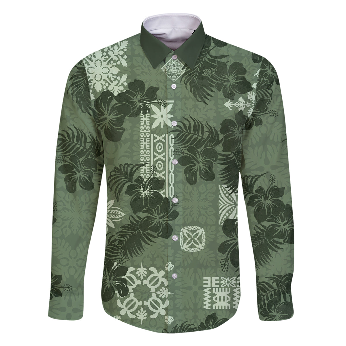 Hawaii Tapa Family Matching Off Shoulder Short Dress and Hawaiian Shirt Hibiscus Mix Hawaiian Quilt Patches - Sage Green LT7 - Wonder Print Shop