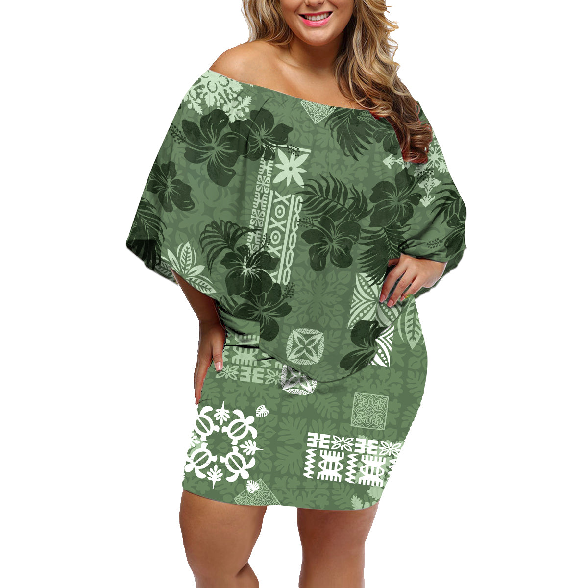 Hawaii Tapa Family Matching Off Shoulder Short Dress and Hawaiian Shirt Hibiscus Mix Hawaiian Quilt Patches - Sage Green LT7 - Wonder Print Shop