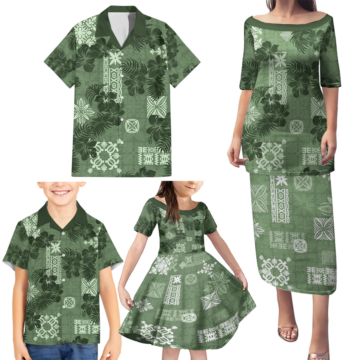 Hawaii Tapa Family Matching Puletasi Dress and Hawaiian Shirt Hibiscus Mix Hawaiian Quilt Patches - Sage Green - Wonder Print Shop