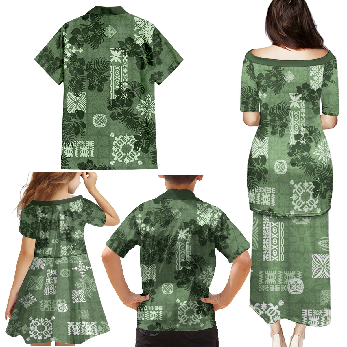 Hawaii Tapa Family Matching Puletasi Dress and Hawaiian Shirt Hibiscus Mix Hawaiian Quilt Patches - Sage Green - Wonder Print Shop