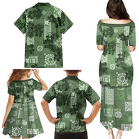 Hawaii Tapa Family Matching Puletasi Dress and Hawaiian Shirt Hibiscus Mix Hawaiian Quilt Patches - Sage Green - Wonder Print Shop