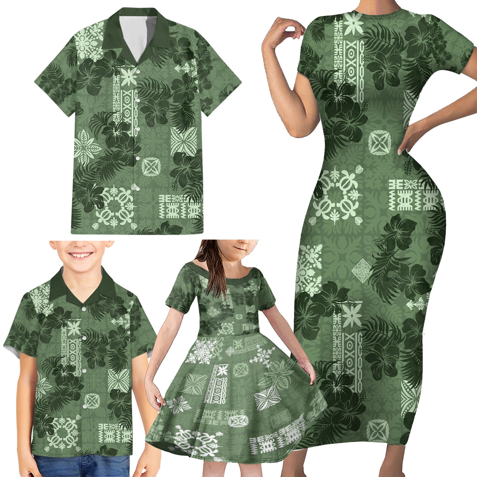 Hawaii Tapa Family Matching Short Sleeve Bodycon Dress and Hawaiian Shirt Hibiscus Mix Hawaiian Quilt Patches - Sage Green - Wonder Print Shop