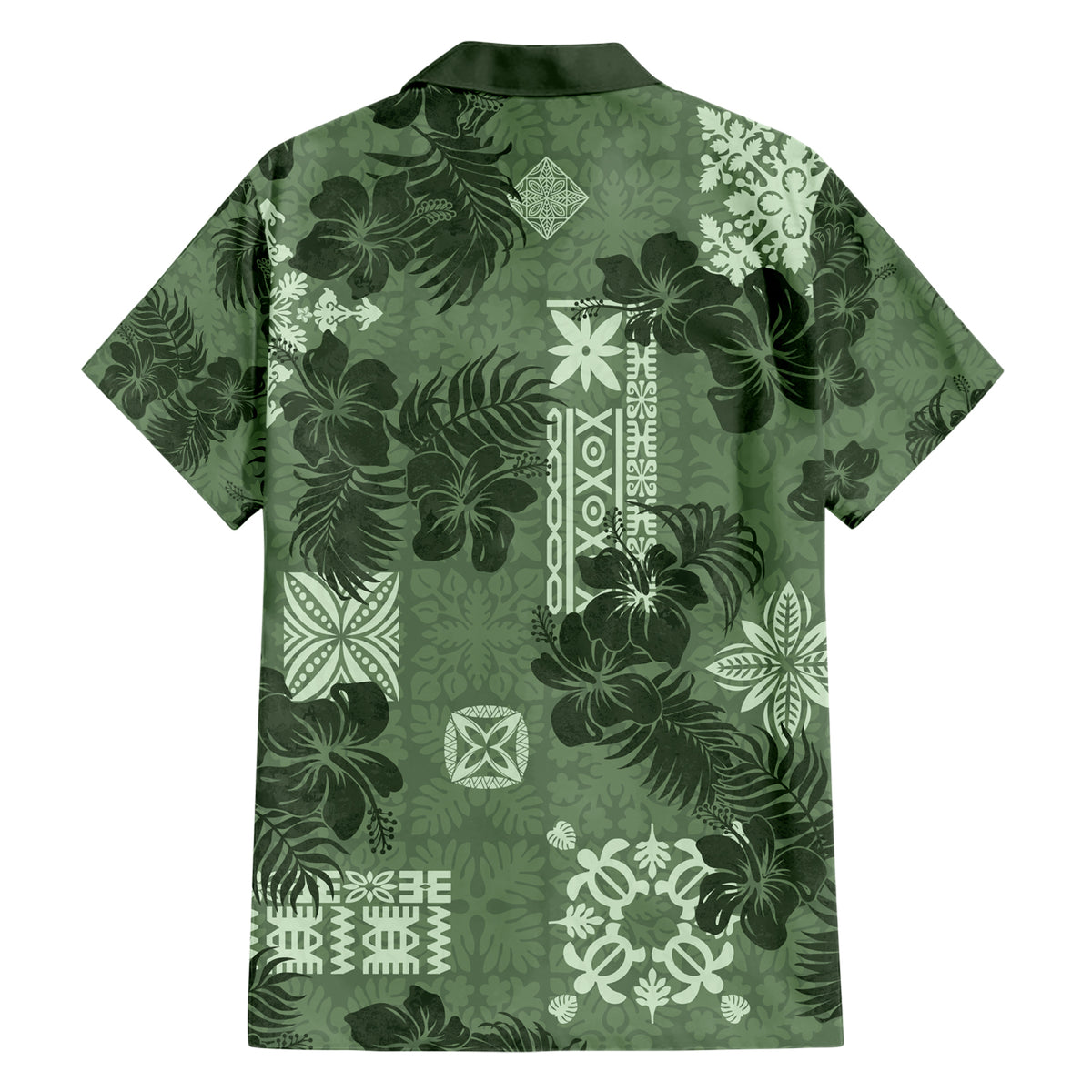 Hawaii Tapa Family Matching Short Sleeve Bodycon Dress and Hawaiian Shirt Hibiscus Mix Hawaiian Quilt Patches - Sage Green - Wonder Print Shop