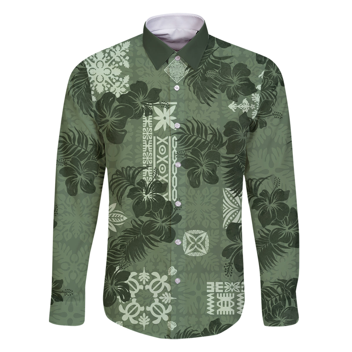 Hawaii Tapa Family Matching Short Sleeve Bodycon Dress and Hawaiian Shirt Hibiscus Mix Hawaiian Quilt Patches - Sage Green - Wonder Print Shop