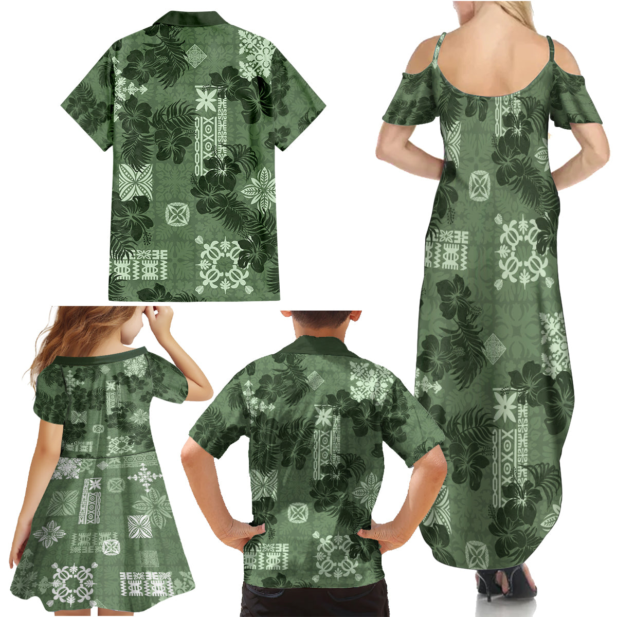 Hawaii Tapa Family Matching Summer Maxi Dress and Hawaiian Shirt Hibiscus Mix Hawaiian Quilt Patches - Sage Green - Wonder Print Shop