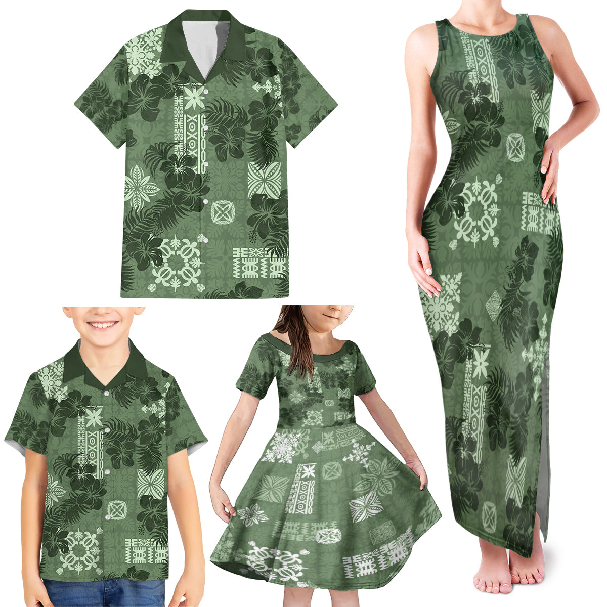 Hawaii Tapa Family Matching Tank Maxi Dress and Hawaiian Shirt Hibiscus Mix Hawaiian Quilt Patches - Sage Green - Wonder Print Shop