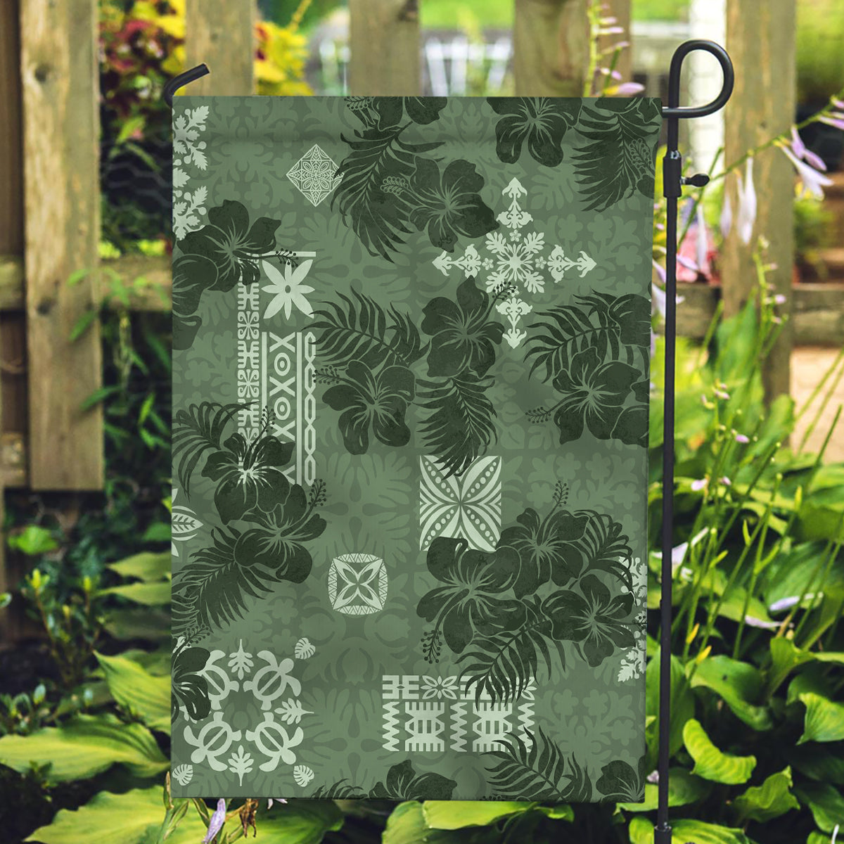 Hawaii Tapa Garden Flag Hibiscus Mix Hawaiian Quilt Patches - Sage Green - Wonder Print Shop