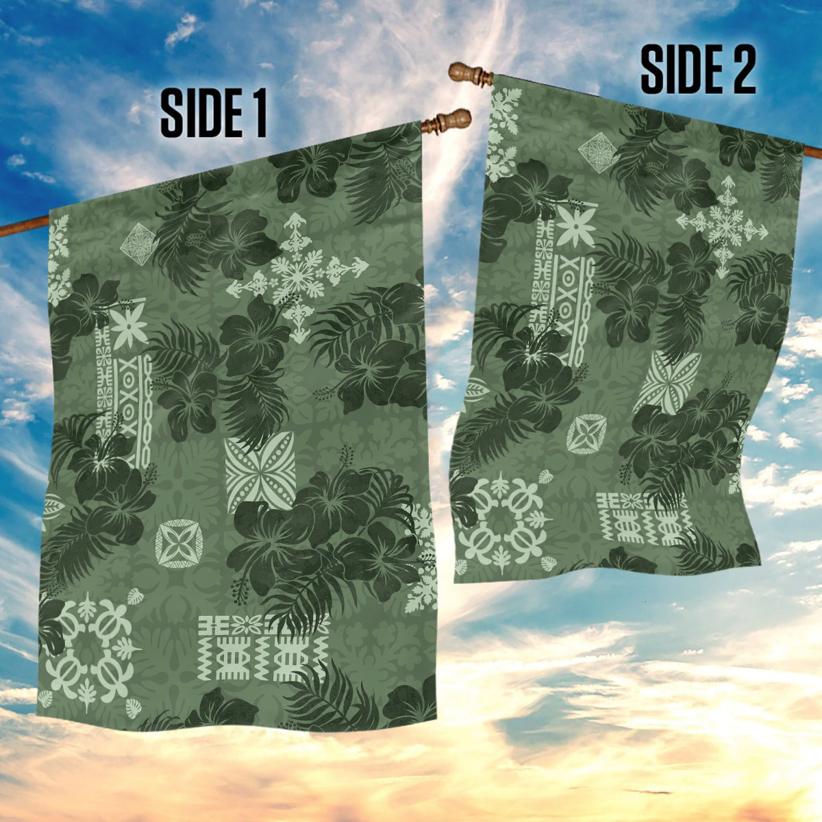 Hawaii Tapa Garden Flag Hibiscus Mix Hawaiian Quilt Patches - Sage Green - Wonder Print Shop