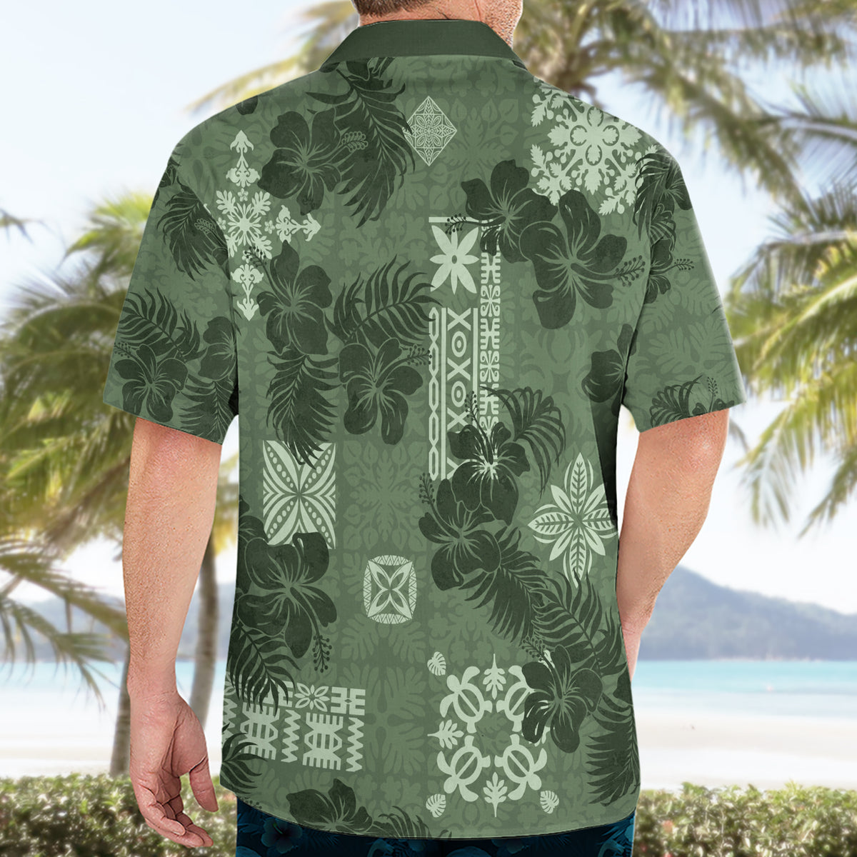 Hawaii Tapa Hawaiian Shirt Hibiscus Mix Hawaiian Quilt Patches - Sage Green - Wonder Print Shop