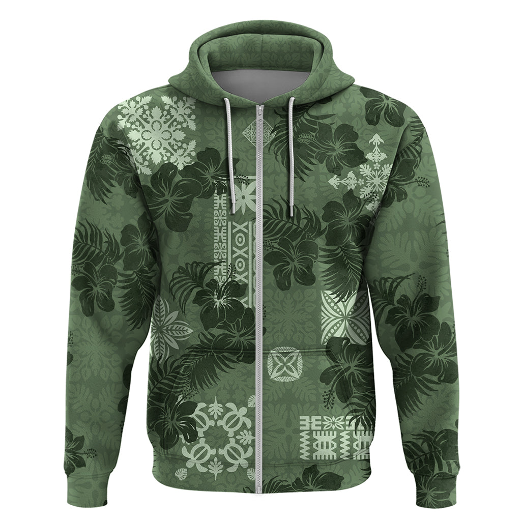 Hawaii Tapa Hoodie Hibiscus Mix Hawaiian Quilt Patches - Sage Green - Wonder Print Shop