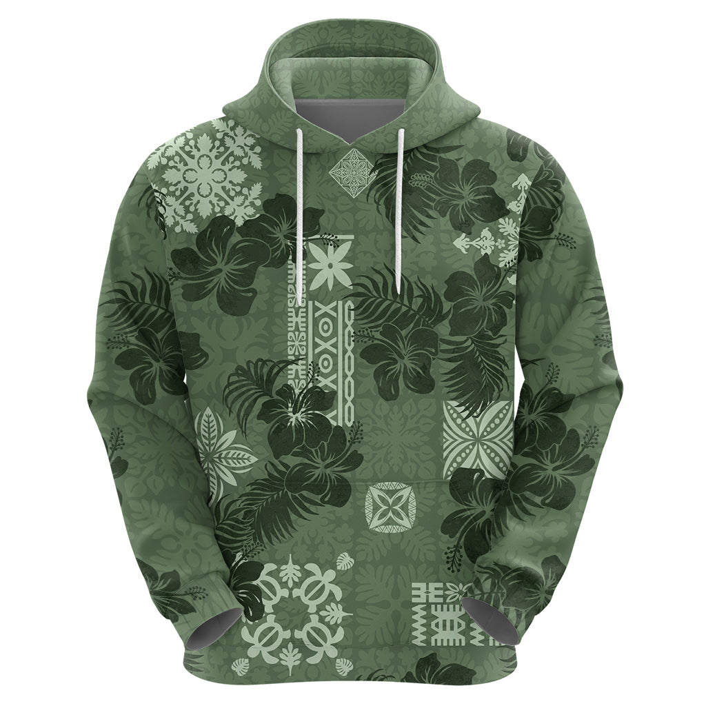 Hawaii Tapa Hoodie Hibiscus Mix Hawaiian Quilt Patches - Sage Green - Wonder Print Shop