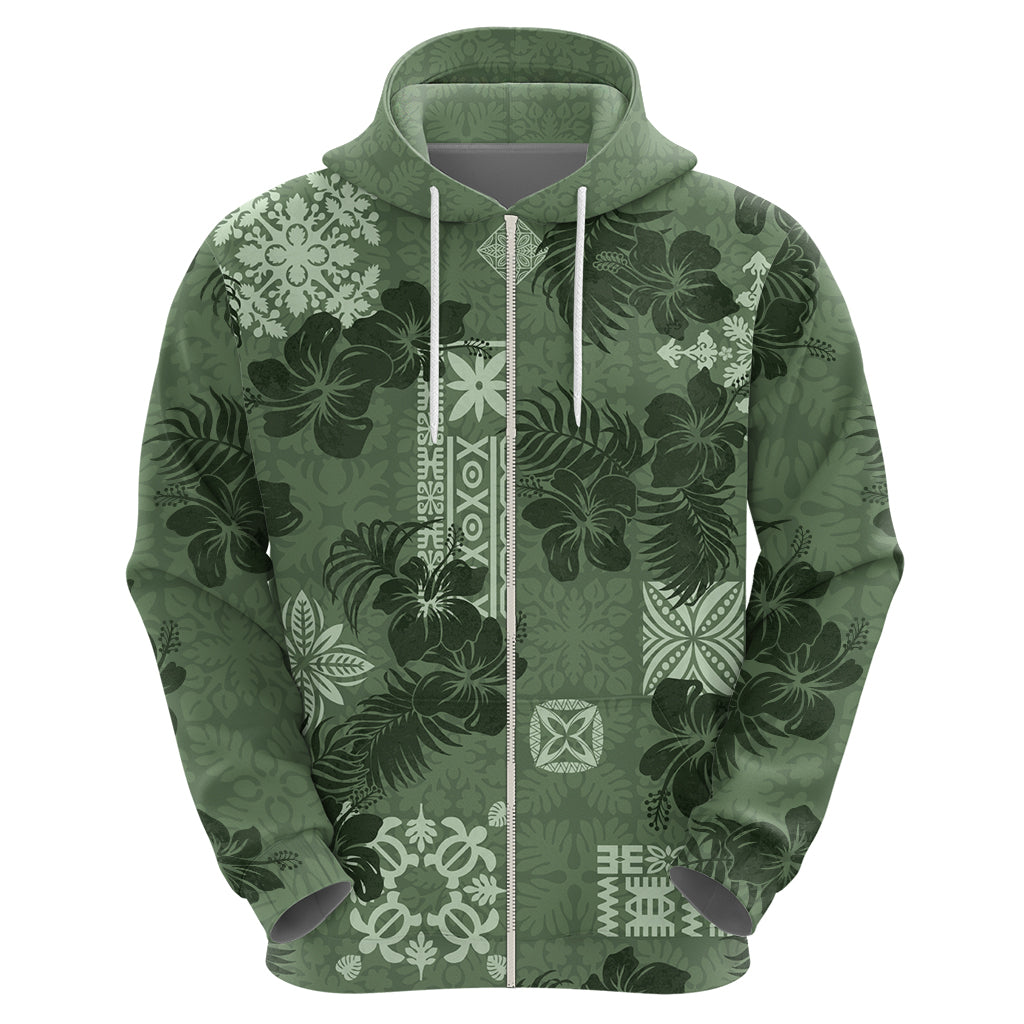 Hawaii Tapa Hoodie Hibiscus Mix Hawaiian Quilt Patches - Sage Green - Wonder Print Shop