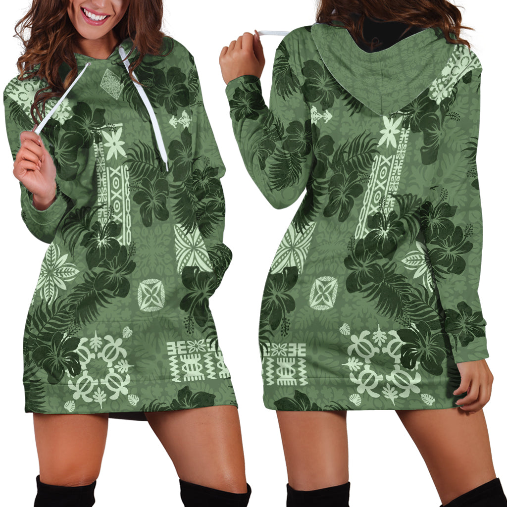 Hawaii Tapa Hoodie Dress Hibiscus Mix Hawaiian Quilt Patches - Sage Green - Wonder Print Shop