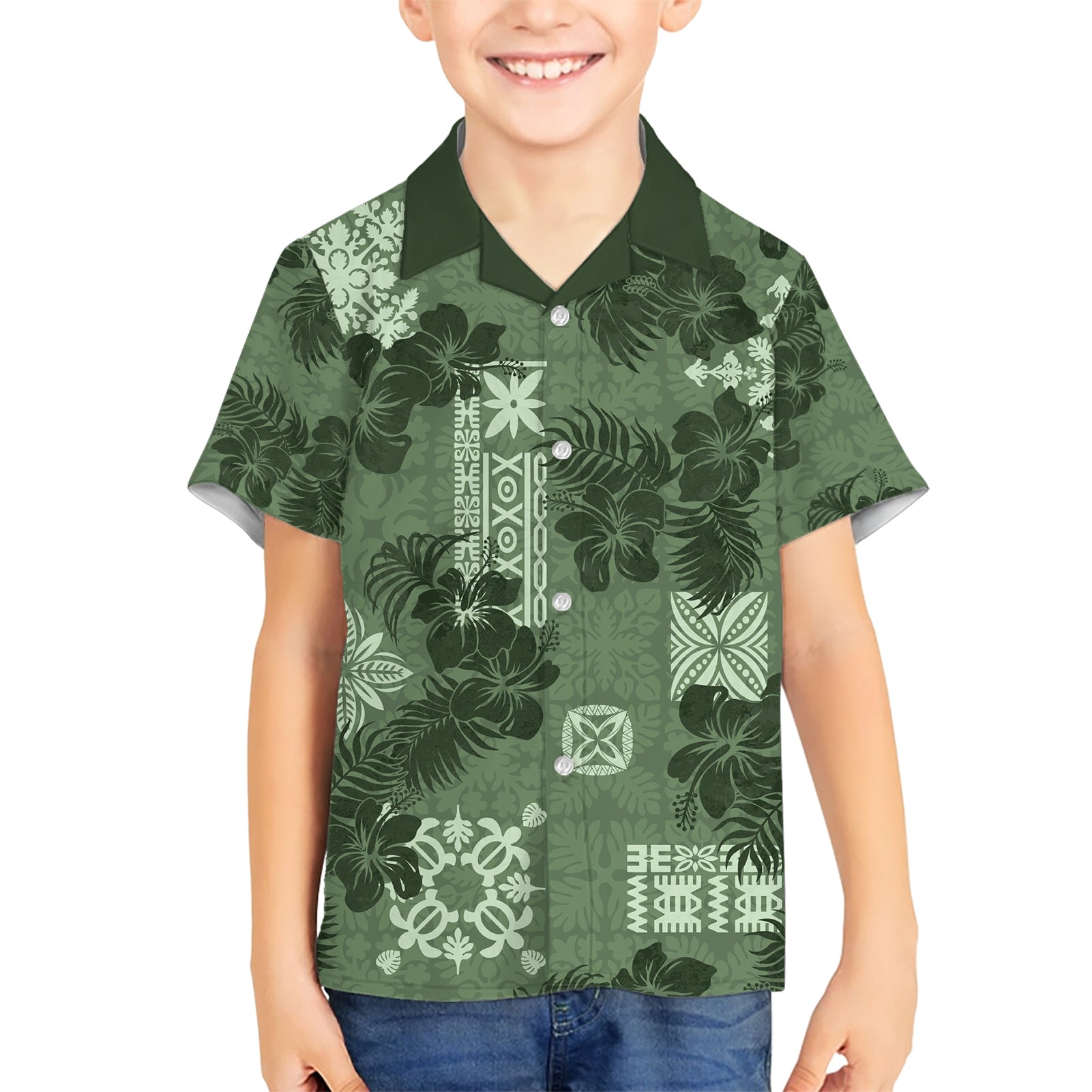 Hawaii Tapa Kid Hawaiian Shirt Hibiscus Mix Hawaiian Quilt Patches - Sage Green - Wonder Print Shop