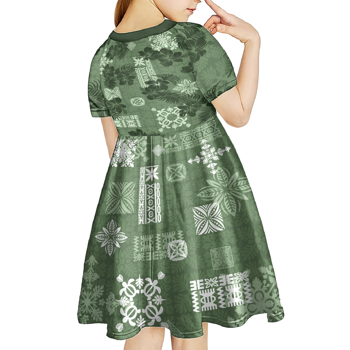 Hawaii Tapa Kid Short Sleeve Dress Hibiscus Mix Hawaiian Quilt Patches - Sage Green - Wonder Print Shop
