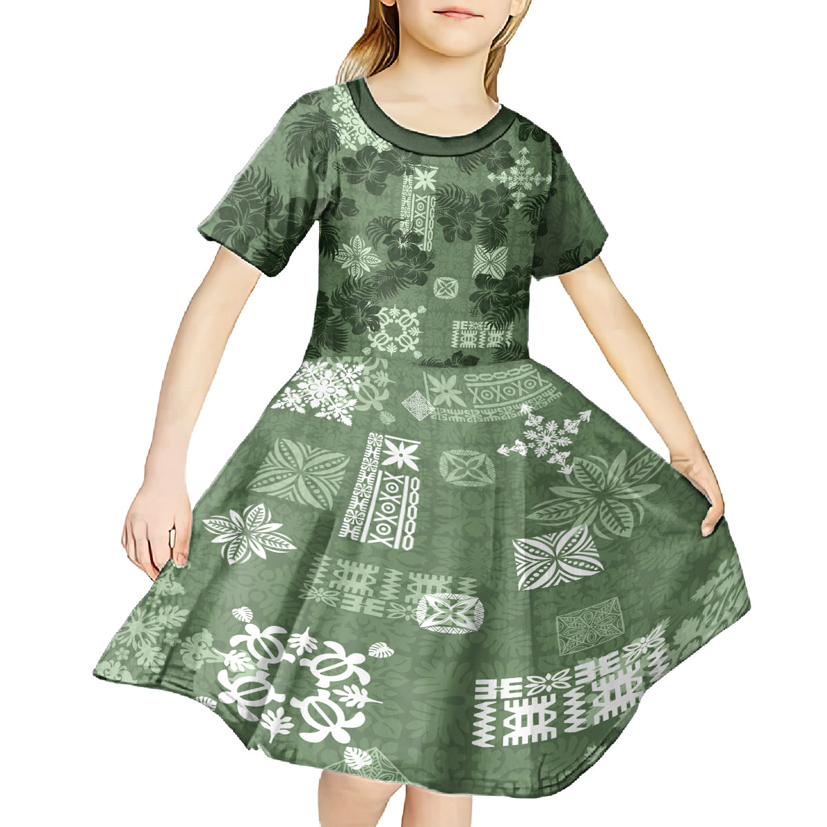 Hawaii Tapa Kid Short Sleeve Dress Hibiscus Mix Hawaiian Quilt Patches - Sage Green - Wonder Print Shop