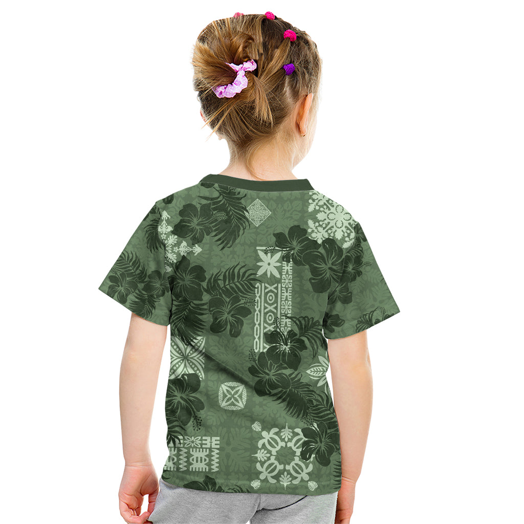 Hawaii Tapa Kid T Shirt Hibiscus Mix Hawaiian Quilt Patches - Sage Green - Wonder Print Shop