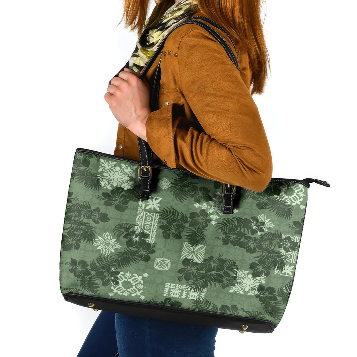 Hawaii Tapa Leather Tote Bag Hibiscus Mix Hawaiian Quilt Patches - Sage Green - Wonder Print Shop