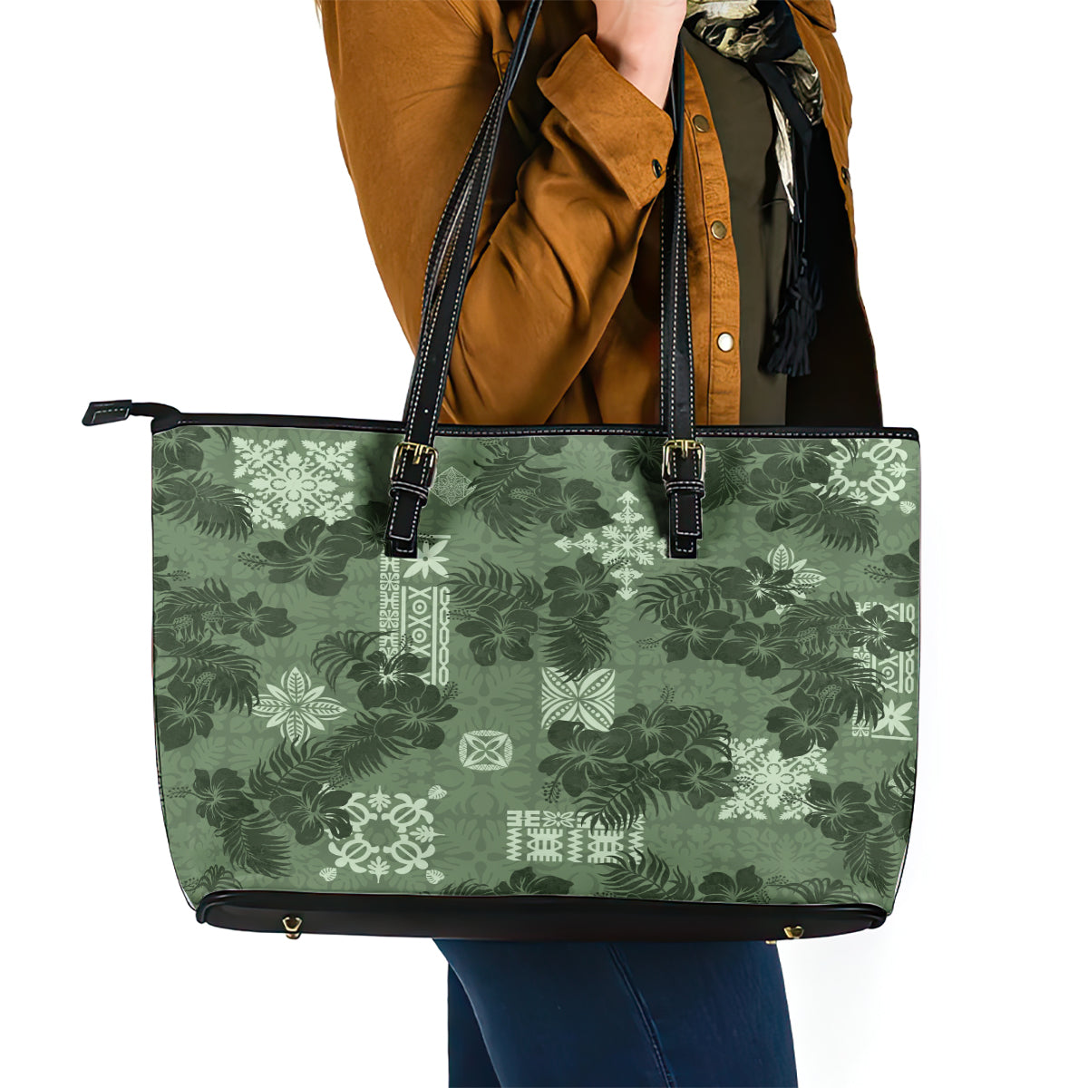 Hawaii Tapa Leather Tote Bag Hibiscus Mix Hawaiian Quilt Patches - Sage Green - Wonder Print Shop