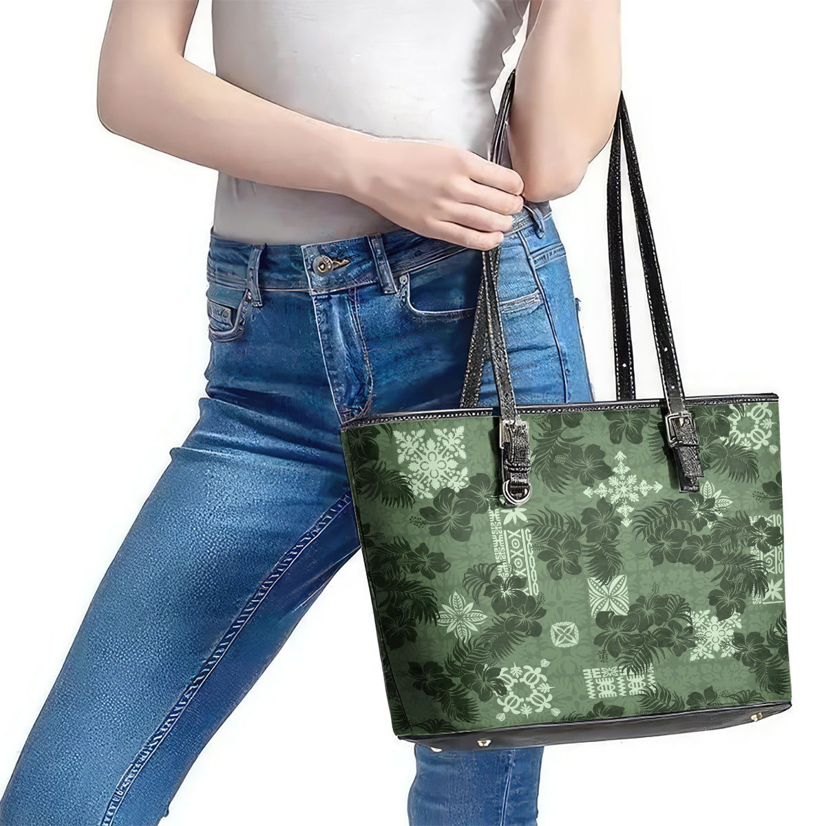 Hawaii Tapa Leather Tote Bag Hibiscus Mix Hawaiian Quilt Patches - Sage Green - Wonder Print Shop