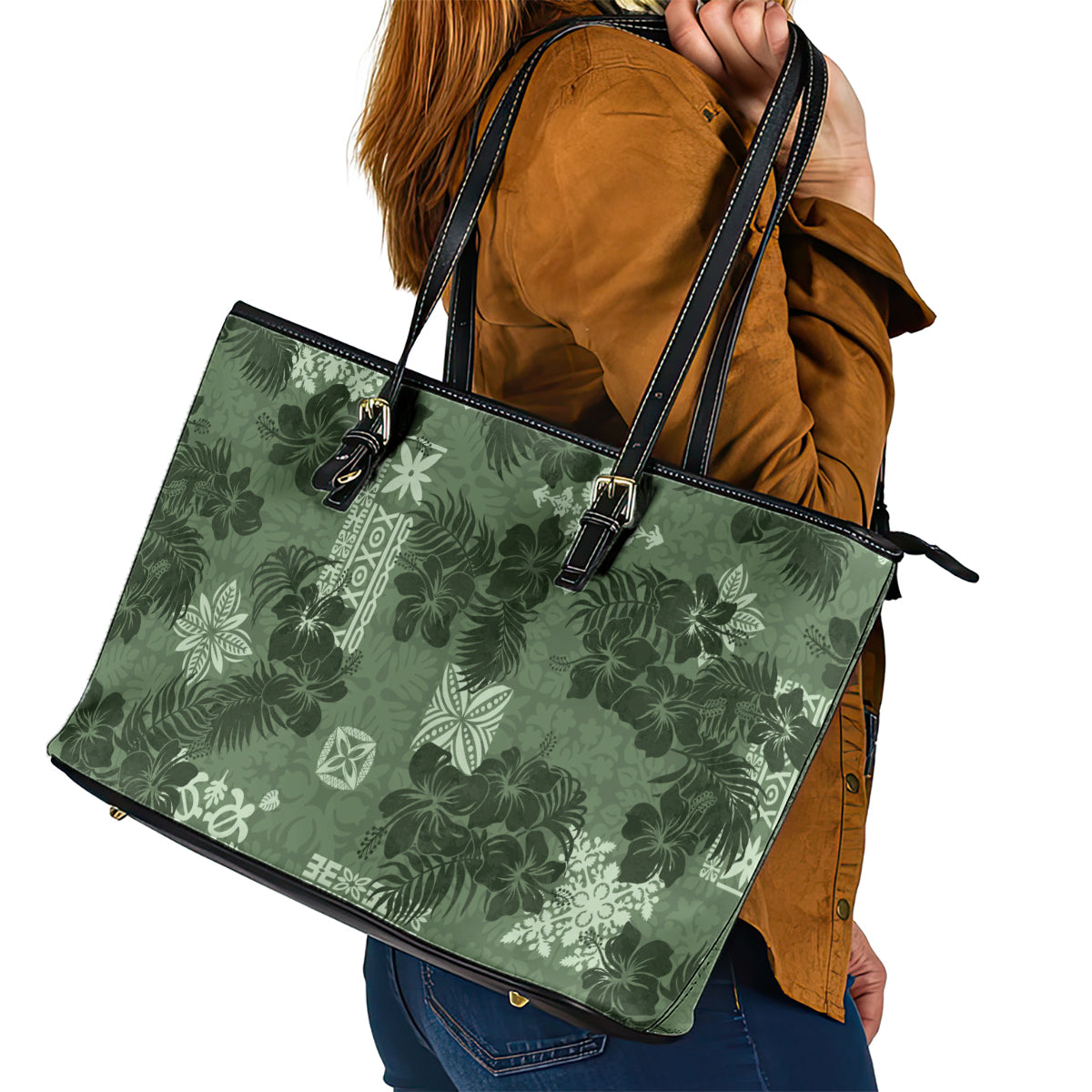 Hawaii Tapa Leather Tote Bag Hibiscus Mix Hawaiian Quilt Patches - Sage Green - Wonder Print Shop