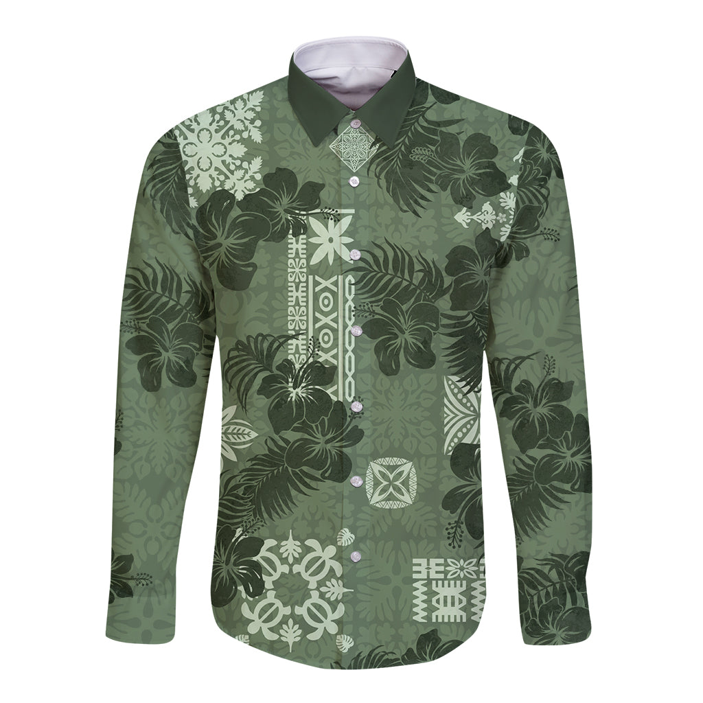 Hawaii Tapa Long Sleeve Button Shirt Hibiscus Mix Hawaiian Quilt Patches - Sage Green - Wonder Print Shop
