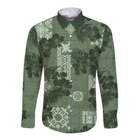 Hawaii Tapa Long Sleeve Button Shirt Hibiscus Mix Hawaiian Quilt Patches - Sage Green - Wonder Print Shop