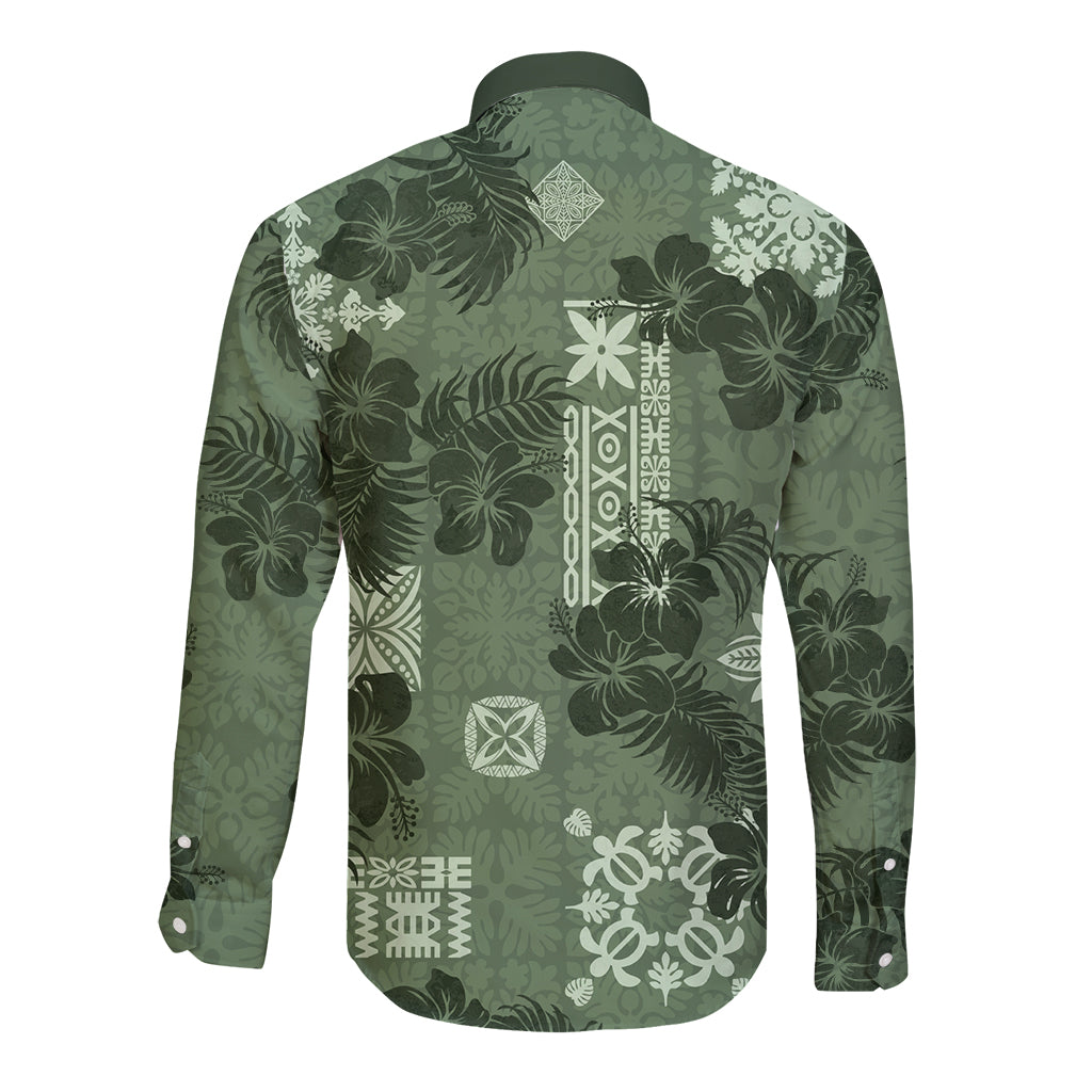 Hawaii Tapa Long Sleeve Button Shirt Hibiscus Mix Hawaiian Quilt Patches - Sage Green - Wonder Print Shop