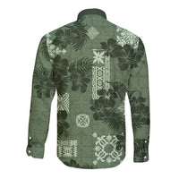 Hawaii Tapa Long Sleeve Button Shirt Hibiscus Mix Hawaiian Quilt Patches - Sage Green - Wonder Print Shop
