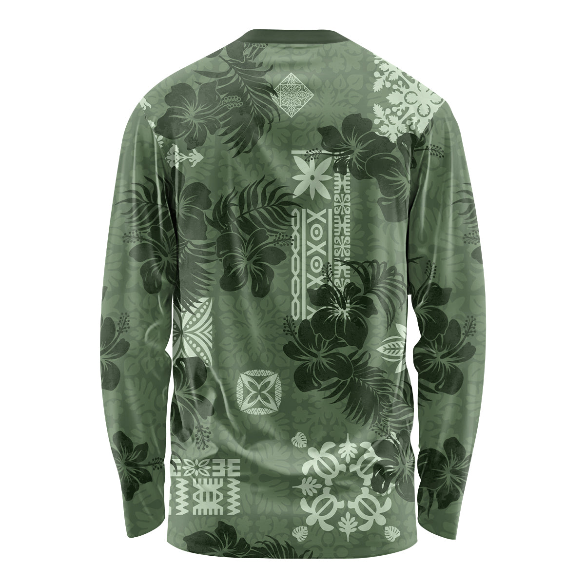 Hawaii Tapa Long Sleeve Shirt Hibiscus Mix Hawaiian Quilt Patches - Sage Green - Wonder Print Shop