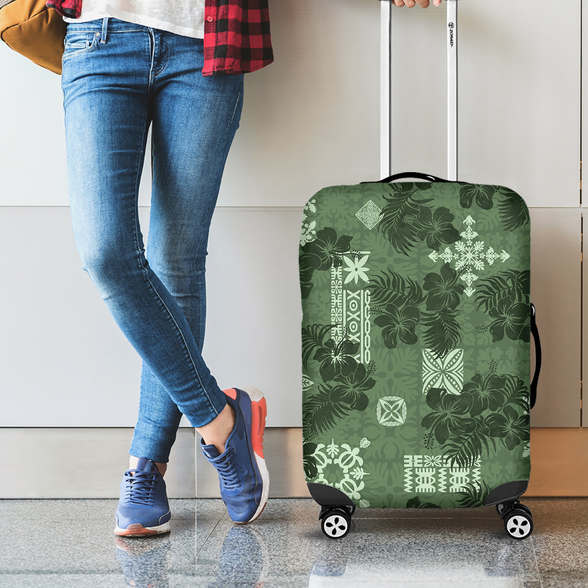 Hawaii Tapa Luggage Cover Hibiscus Mix Hawaiian Quilt Patches - Sage Green - Wonder Print Shop