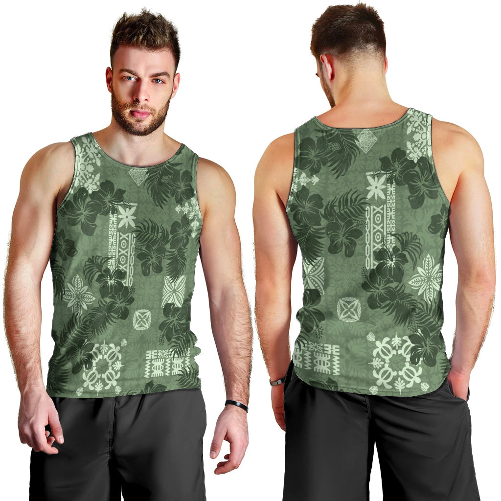 Hawaii Tapa Men Tank Top Hibiscus Mix Hawaiian Quilt Patches - Sage Green - Wonder Print Shop