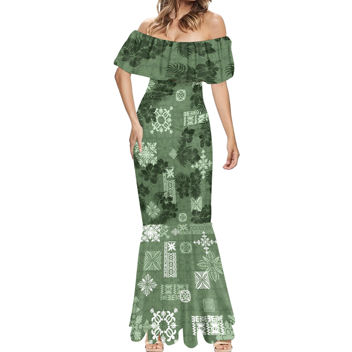 Hawaii Tapa Mermaid Dress Hibiscus Mix Hawaiian Quilt Patches - Sage Green - Wonder Print Shop