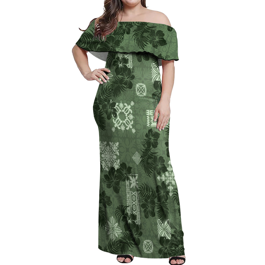 Hawaii Tapa Off Shoulder Maxi Dress Hibiscus Mix Hawaiian Quilt Patches - Sage Green - Wonder Print Shop