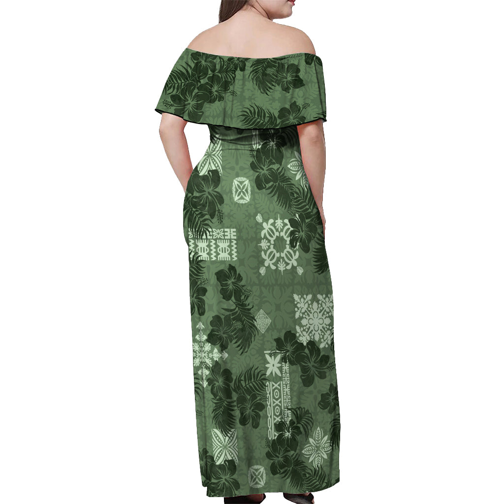Hawaii Tapa Off Shoulder Maxi Dress Hibiscus Mix Hawaiian Quilt Patches - Sage Green - Wonder Print Shop