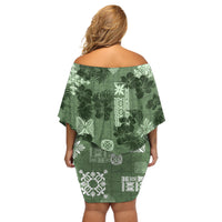Hawaii Tapa Off Shoulder Short Dress Hibiscus Mix Hawaiian Quilt Patches - Sage Green - Wonder Print Shop