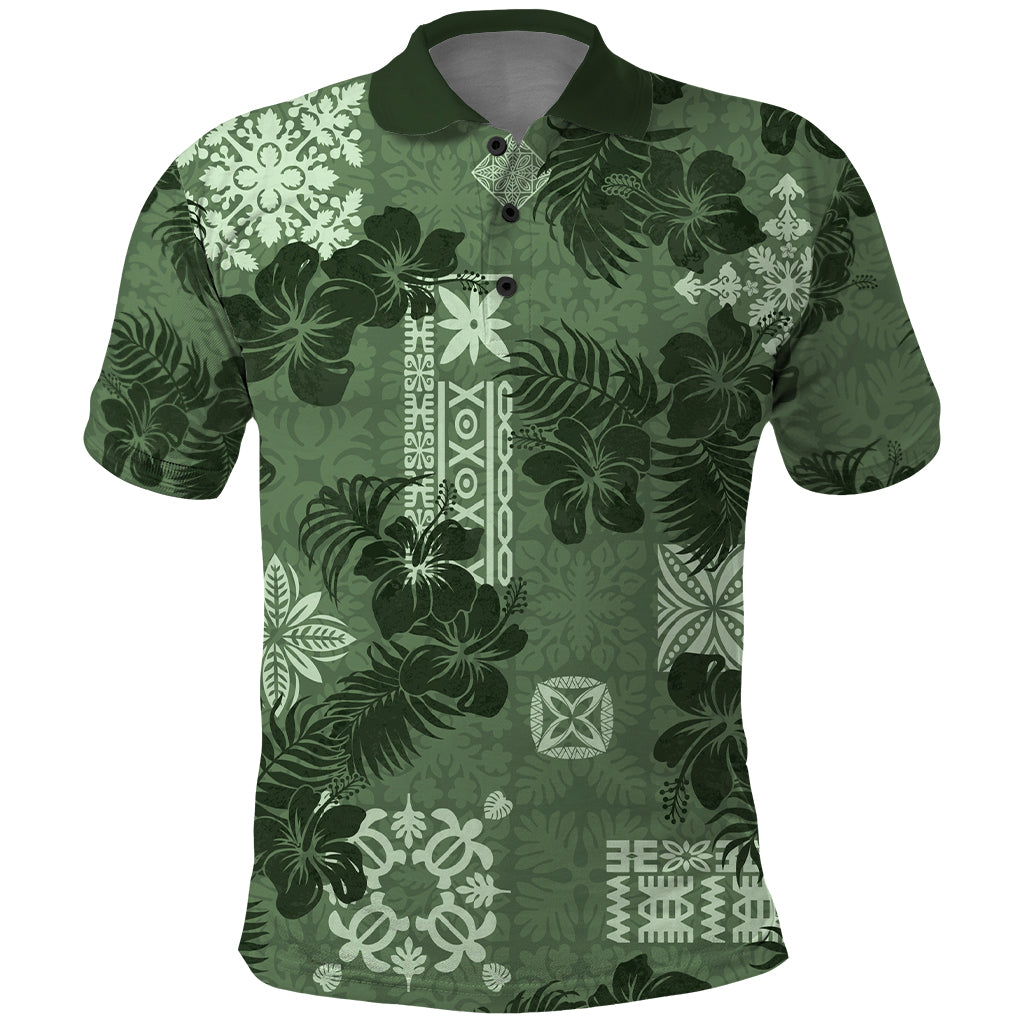 Hawaii Tapa Polo Shirt Hibiscus Mix Hawaiian Quilt Patches - Sage Green - Wonder Print Shop