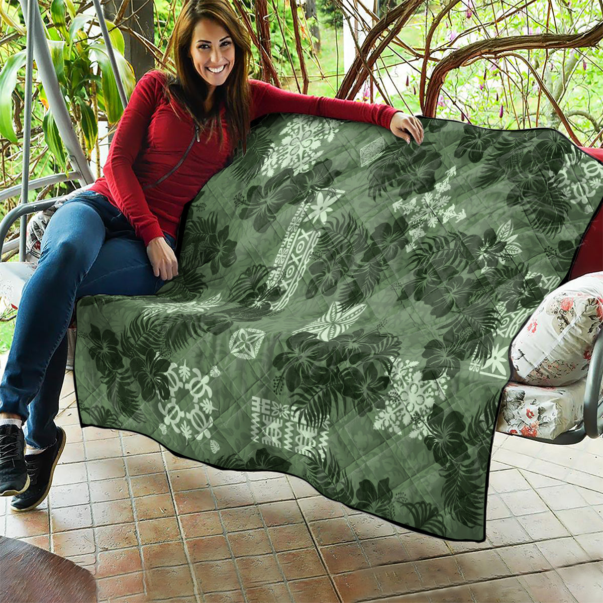 Hawaii Tapa Quilt Hibiscus Mix Hawaiian Quilt Patches - Sage Green - Wonder Print Shop