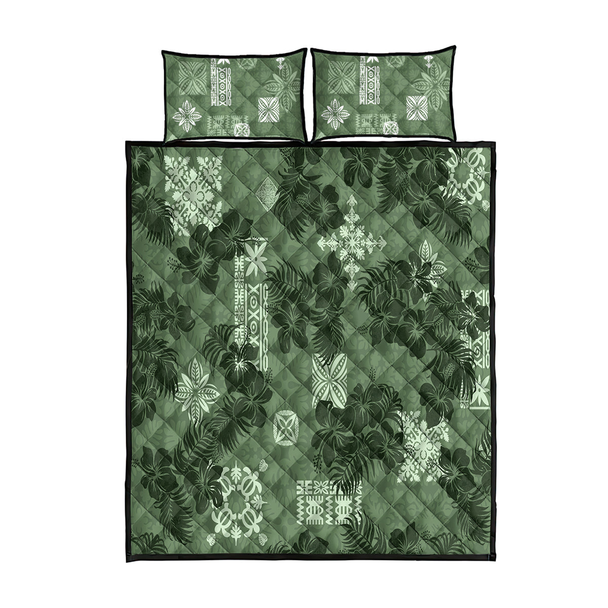 Hawaii Tapa Quilt Bed Set Hibiscus Mix Hawaiian Quilt Patches - Sage Green - Wonder Print Shop