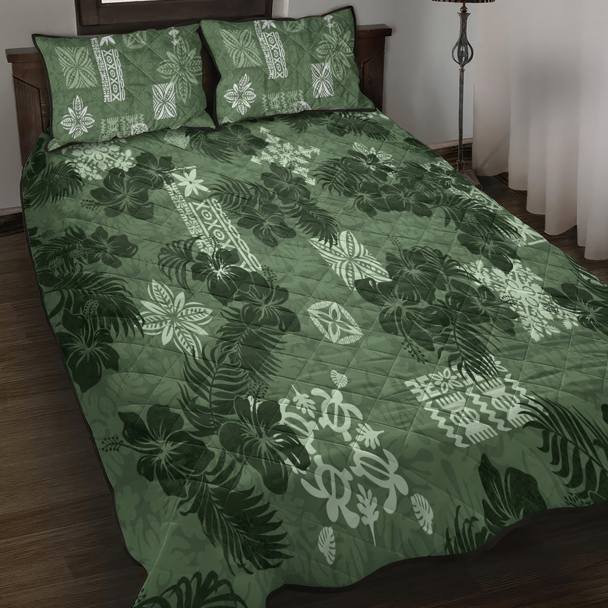 Hawaii Tapa Quilt Bed Set Hibiscus Mix Hawaiian Quilt Patches - Sage Green - Wonder Print Shop