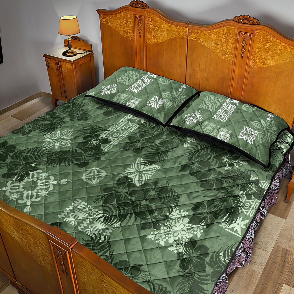 Hawaii Tapa Quilt Bed Set Hibiscus Mix Hawaiian Quilt Patches - Sage Green - Wonder Print Shop