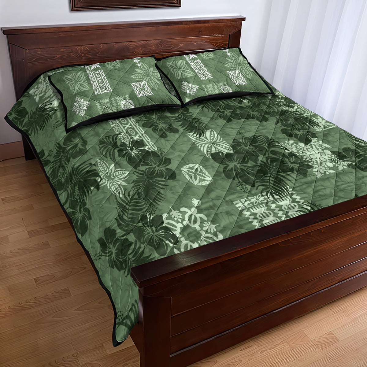 Hawaii Tapa Quilt Bed Set Hibiscus Mix Hawaiian Quilt Patches - Sage Green - Wonder Print Shop