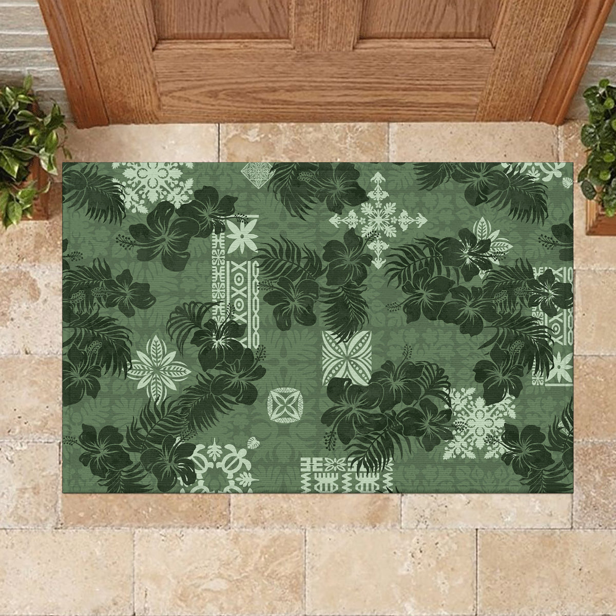 Hawaii Tapa Rubber Doormat Hibiscus Mix Hawaiian Quilt Patches - Sage Green - Wonder Print Shop