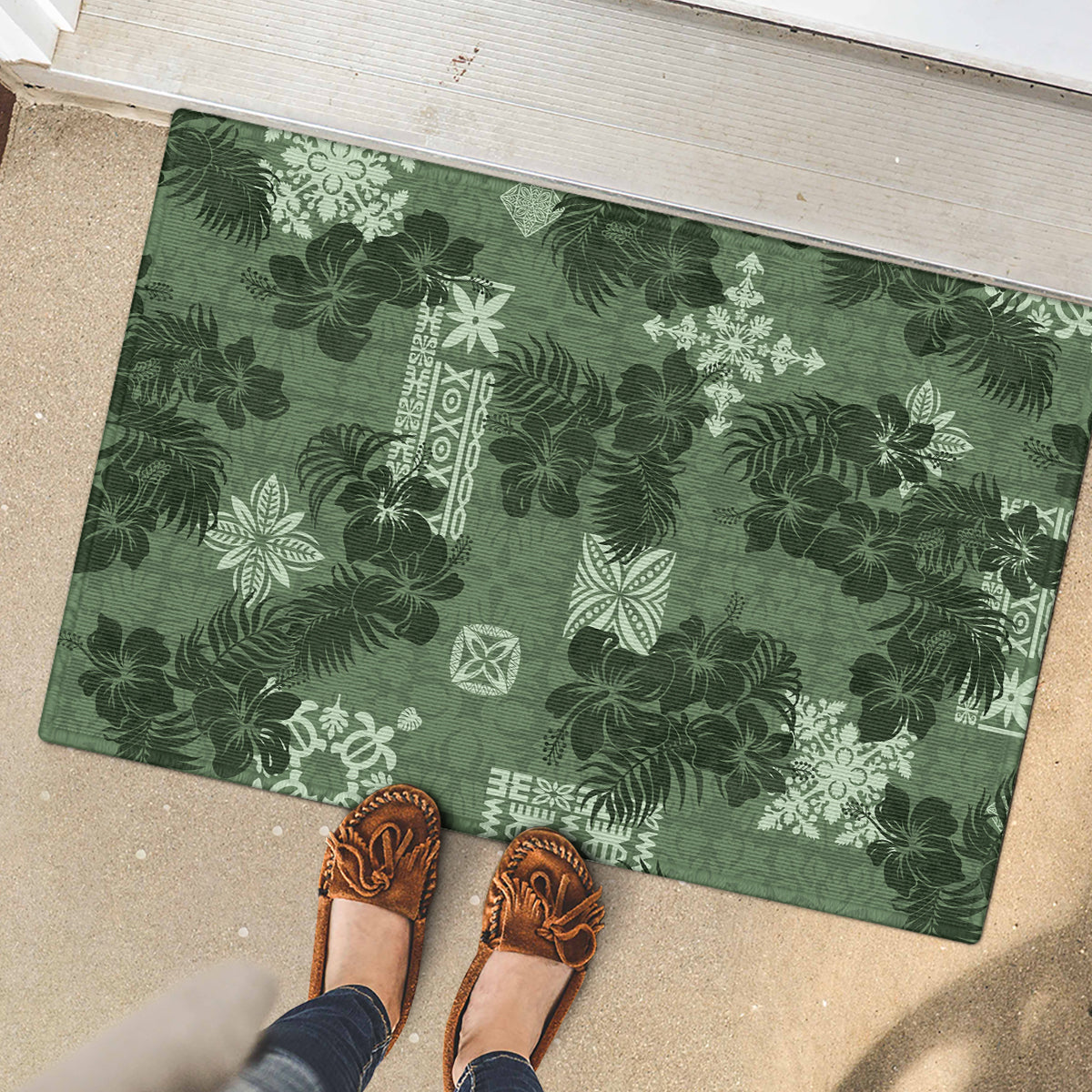 Hawaii Tapa Rubber Doormat Hibiscus Mix Hawaiian Quilt Patches - Sage Green - Wonder Print Shop