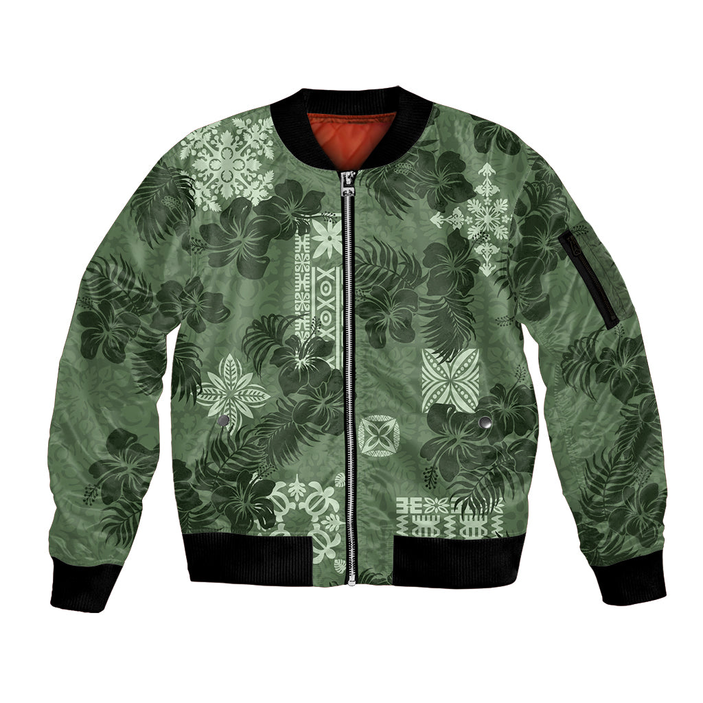 Hawaii Tapa Sleeve Zip Bomber Jacket Hibiscus Mix Hawaiian Quilt Patches - Sage Green - Wonder Print Shop