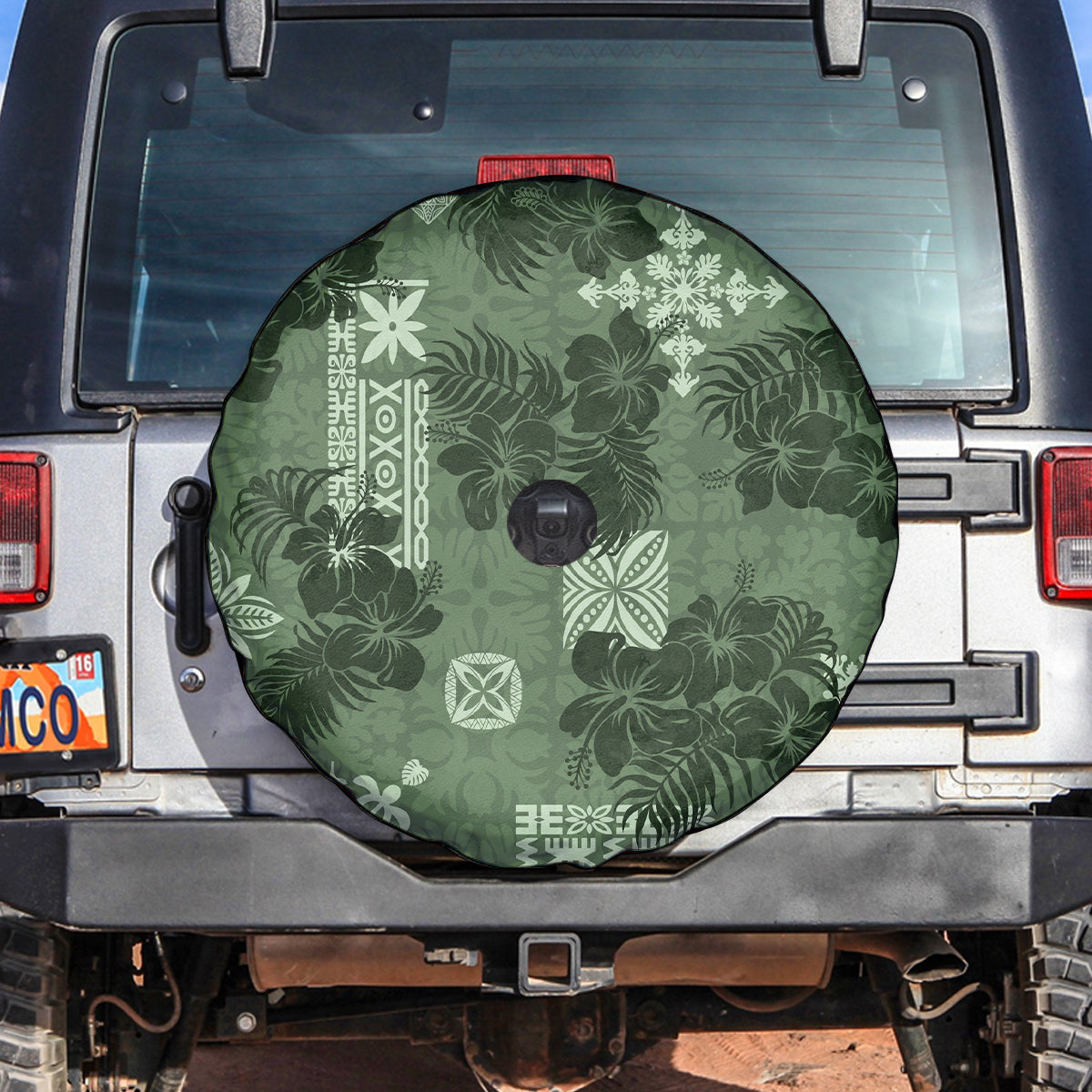 Hawaii Tapa Spare Tire Cover Hibiscus Mix Hawaiian Quilt Patches - Sage Green - Wonder Print Shop