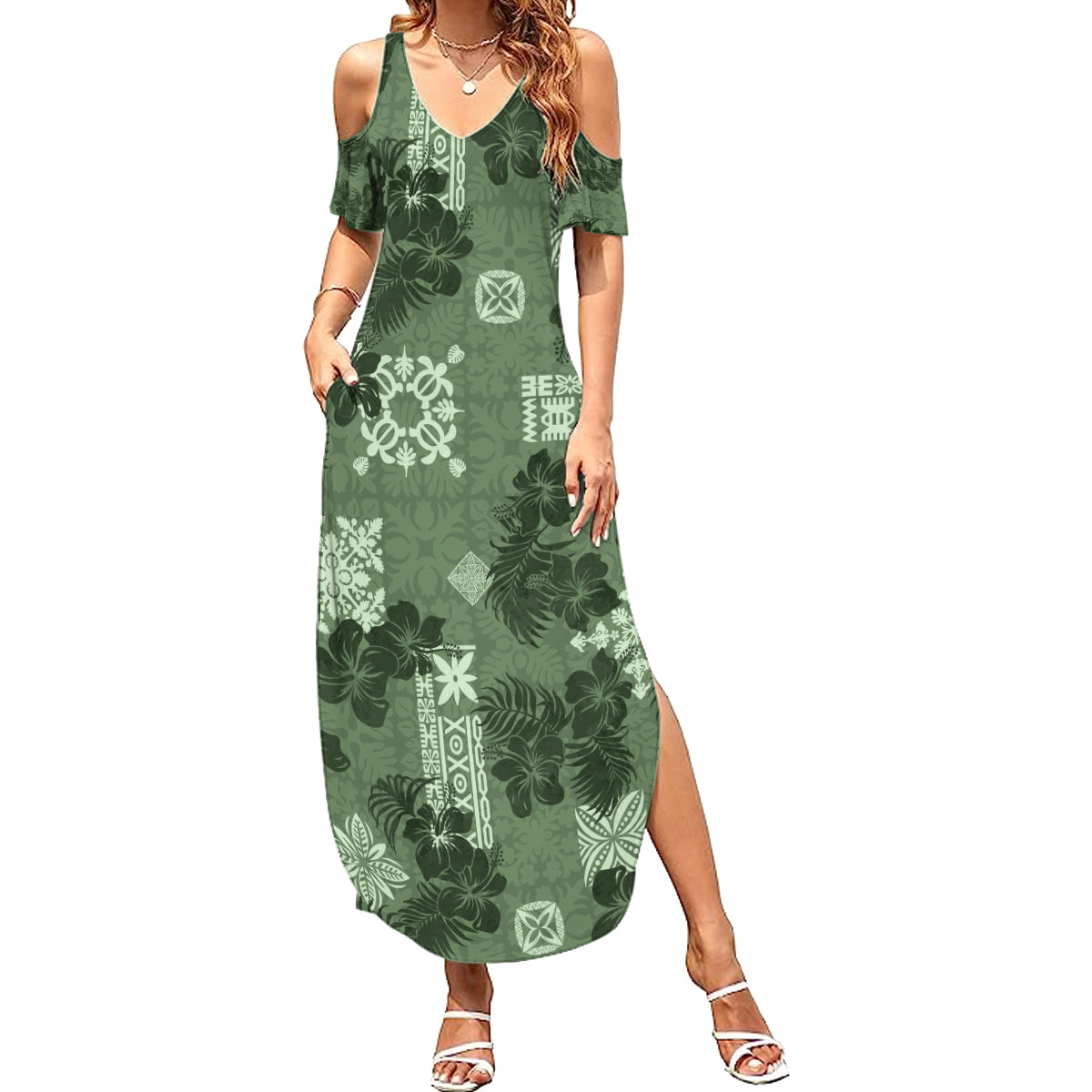 Hawaii Tapa Summer Maxi Dress Hibiscus Mix Hawaiian Quilt Patches - Sage Green - Wonder Print Shop