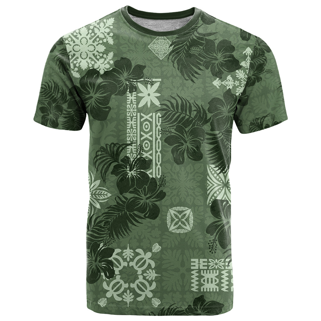 Hawaii Tapa T Shirt Hibiscus Mix Hawaiian Quilt Patches - Sage Green - Wonder Print Shop